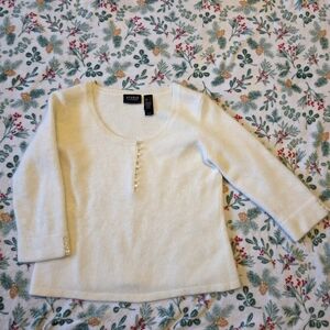 Liz Claiborne Women's Sweater Angora Rabbit Hair Wool Blend White Buttons Large